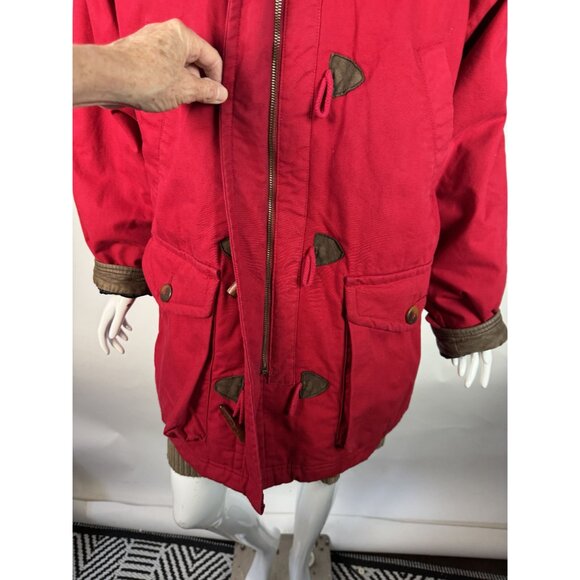 Lands End Womens Red Duffle Coat Medium 10/12 Genuine Leather Trim Vintage Style - Picture 3 of 16